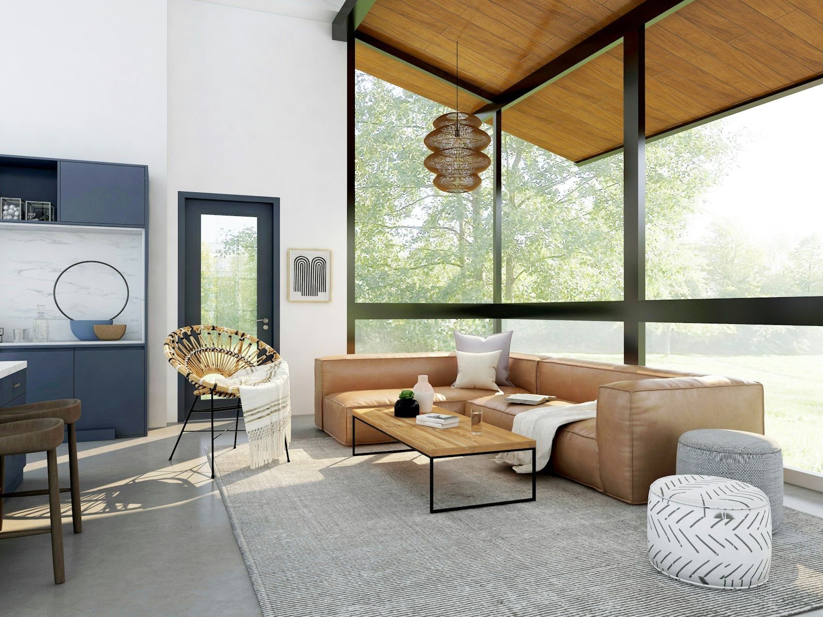 A sunlit contemporary living room layered with soft curtains, a wool rug and warm natural textures